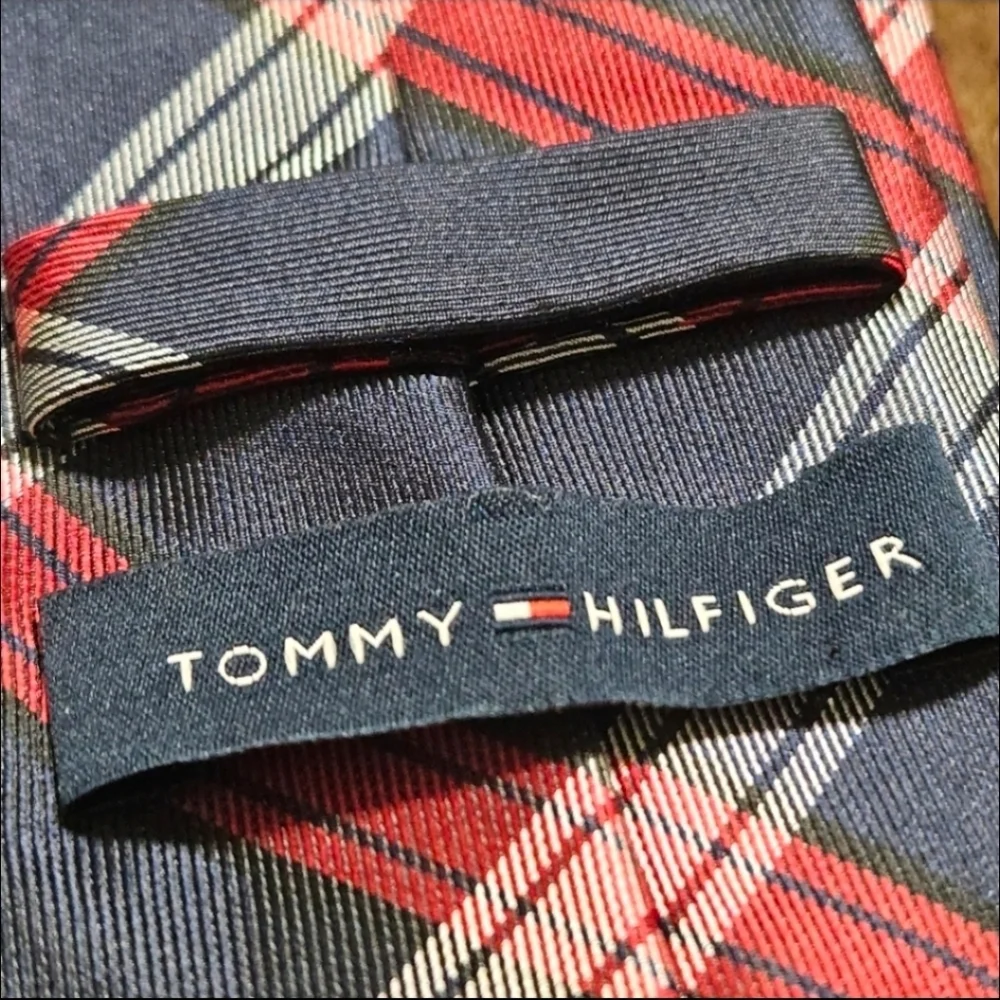 Tommy Hilfiger Navy Plaid Silk Tie with Red & White Stripes